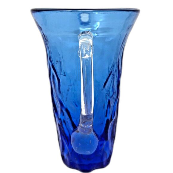 Studio Art Glass Pitcher Hand Blown Textured Ombre Blue Clear Handle 7" Tall - Picture 3 of 12